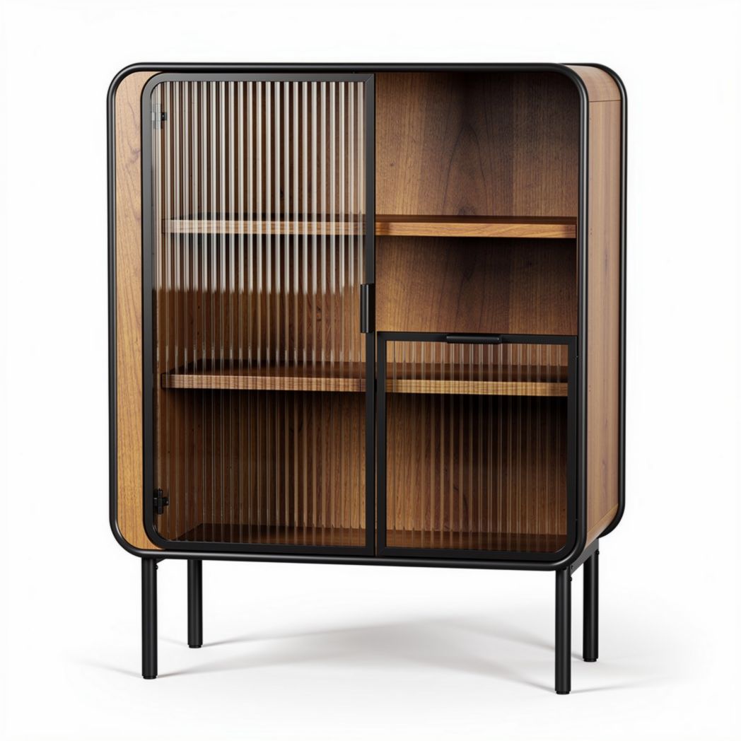 Houten kast met glazen deuren en zwarte metalen basis 80 x 40 x 120cm