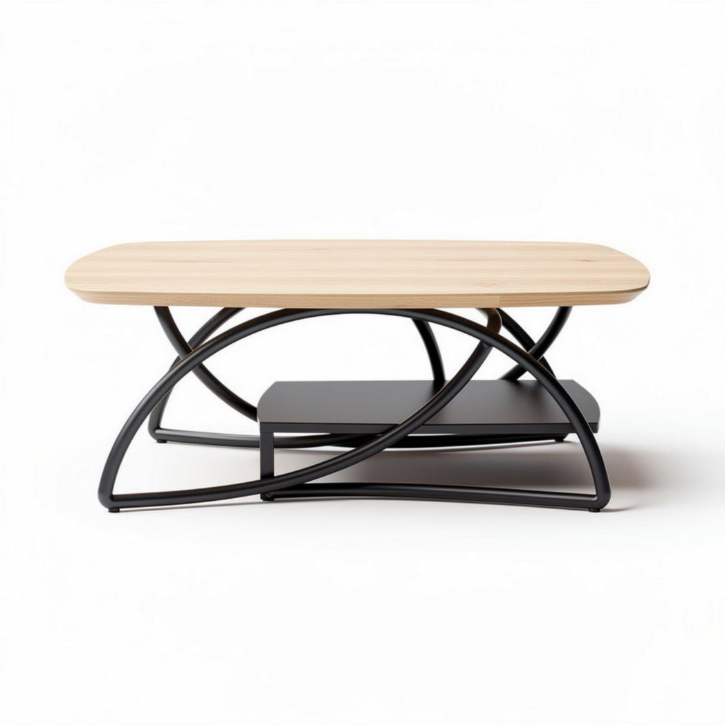 Salontafel van gebogen hout en metaal 120 x 60 x 40 cm zwart en natuurlijk eikenhout