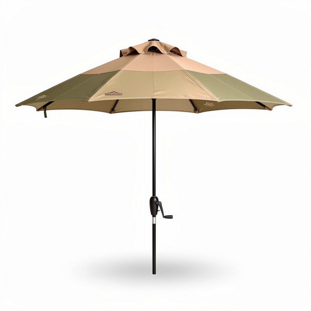 Parasol met een diameter van 300 cm in groen en bruin met verstelbare standaard