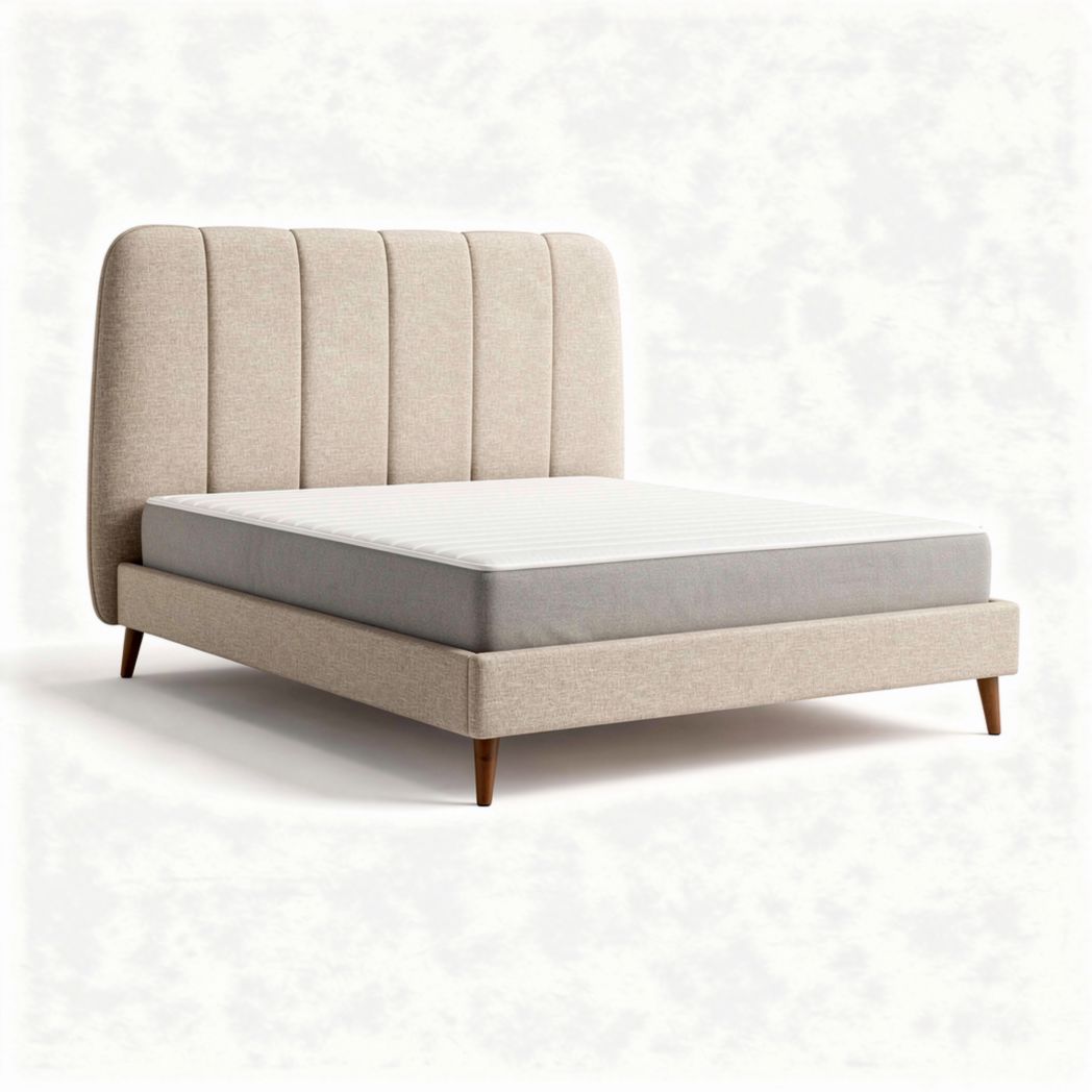 Bed met gestoffeerd hoofdbord van stof en houten poten 200 x 160 x 100cm