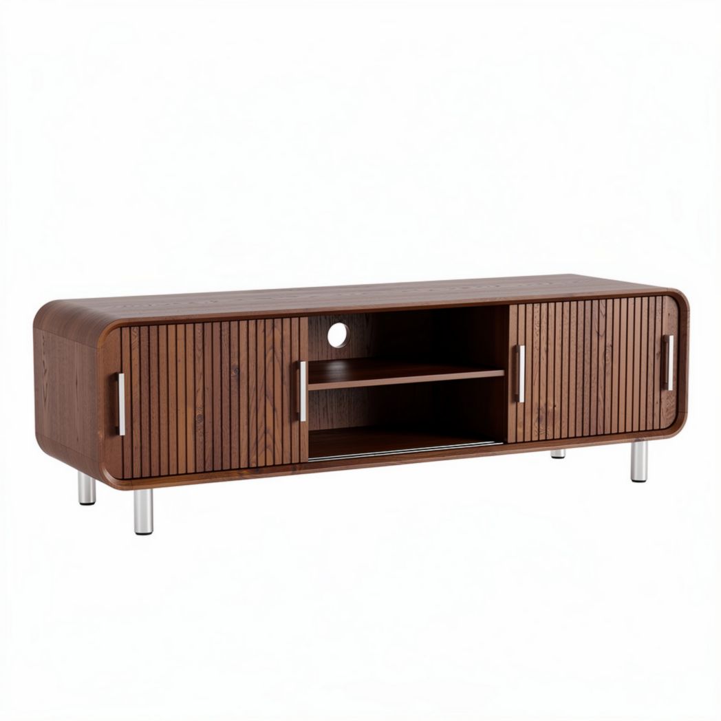 TV kast in bruin hout met metalen poten en open vakken 150 x 40 x 50cm